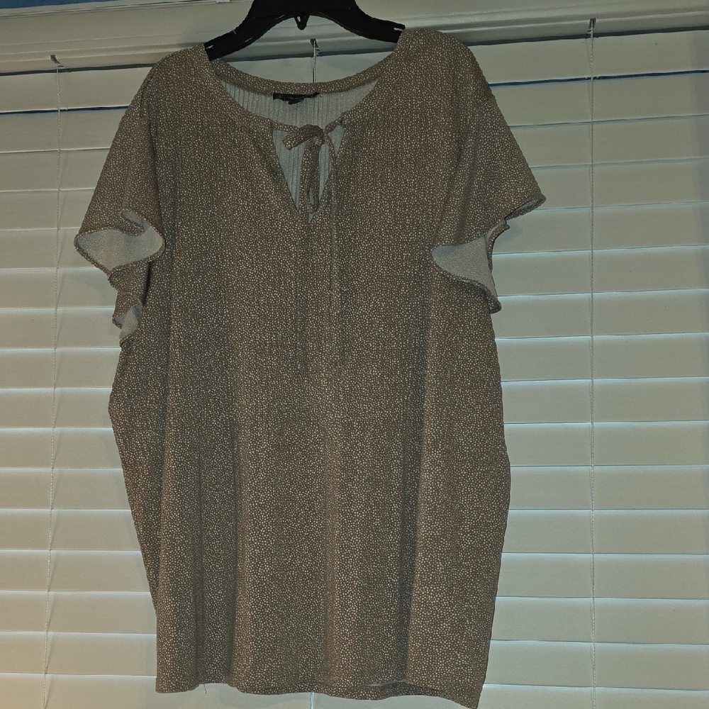 +Adrianna Papell Taupe Polka-Dot Tie-Neck Blouse